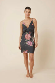 Gingerlilly Piper Floral Silky Satin Nightie Black