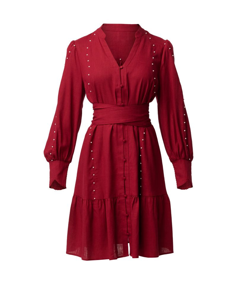 Once Was Cecilia Pearl Embellished Linen Blend Dress in Ruby