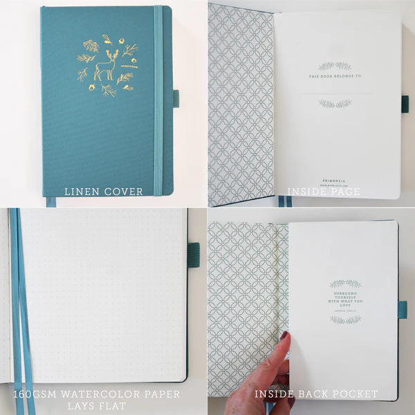 Primrosia 'Deer' Woodlands Teal – Watercolor Dot Grid A5 Journal