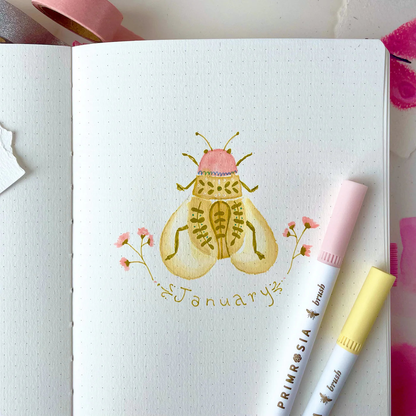 Primrosia 'Butterfly' Pink – Watercolor Dot Grid A5 Journal