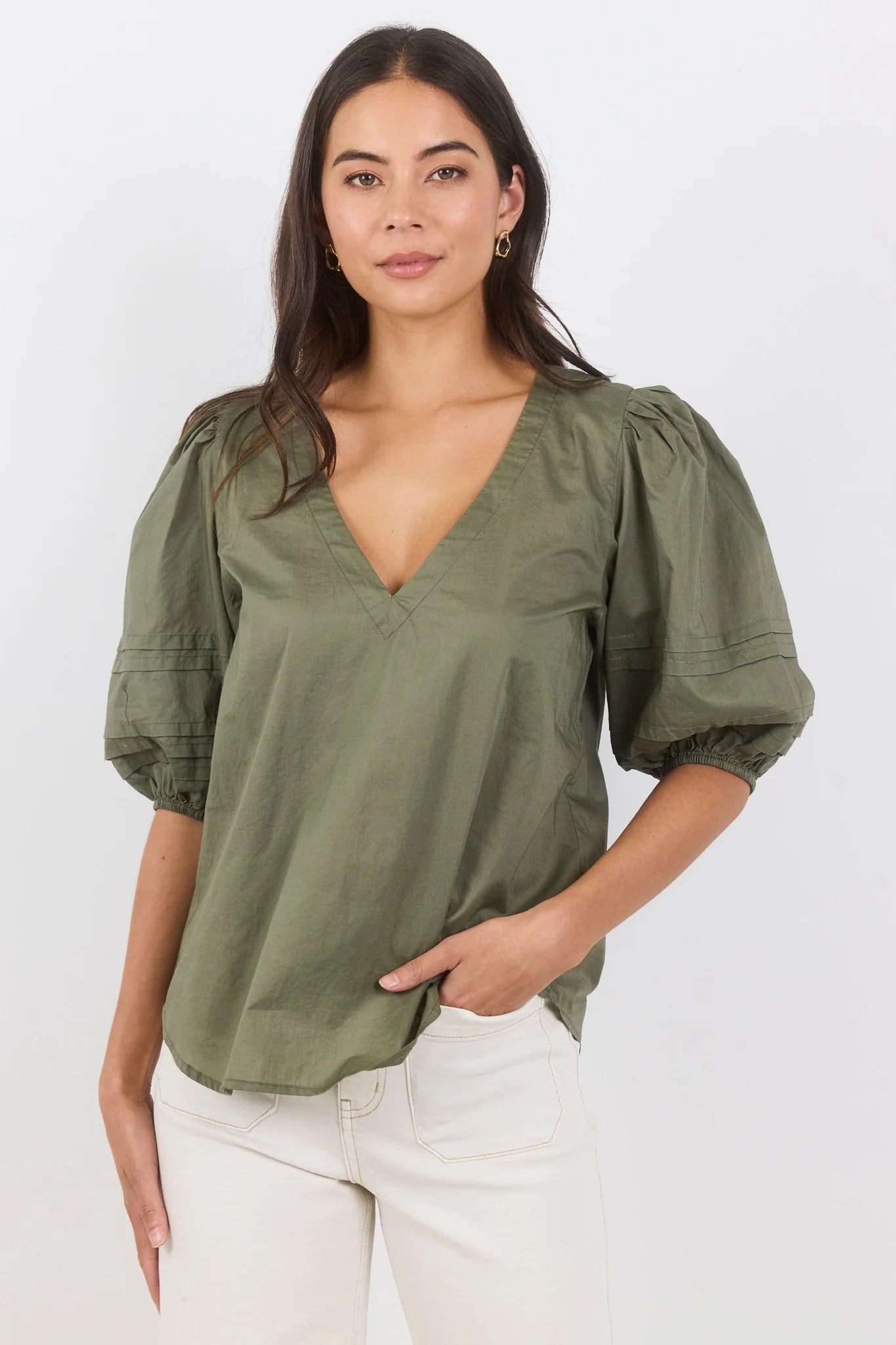 Sage Pleat Short Sleeve Top