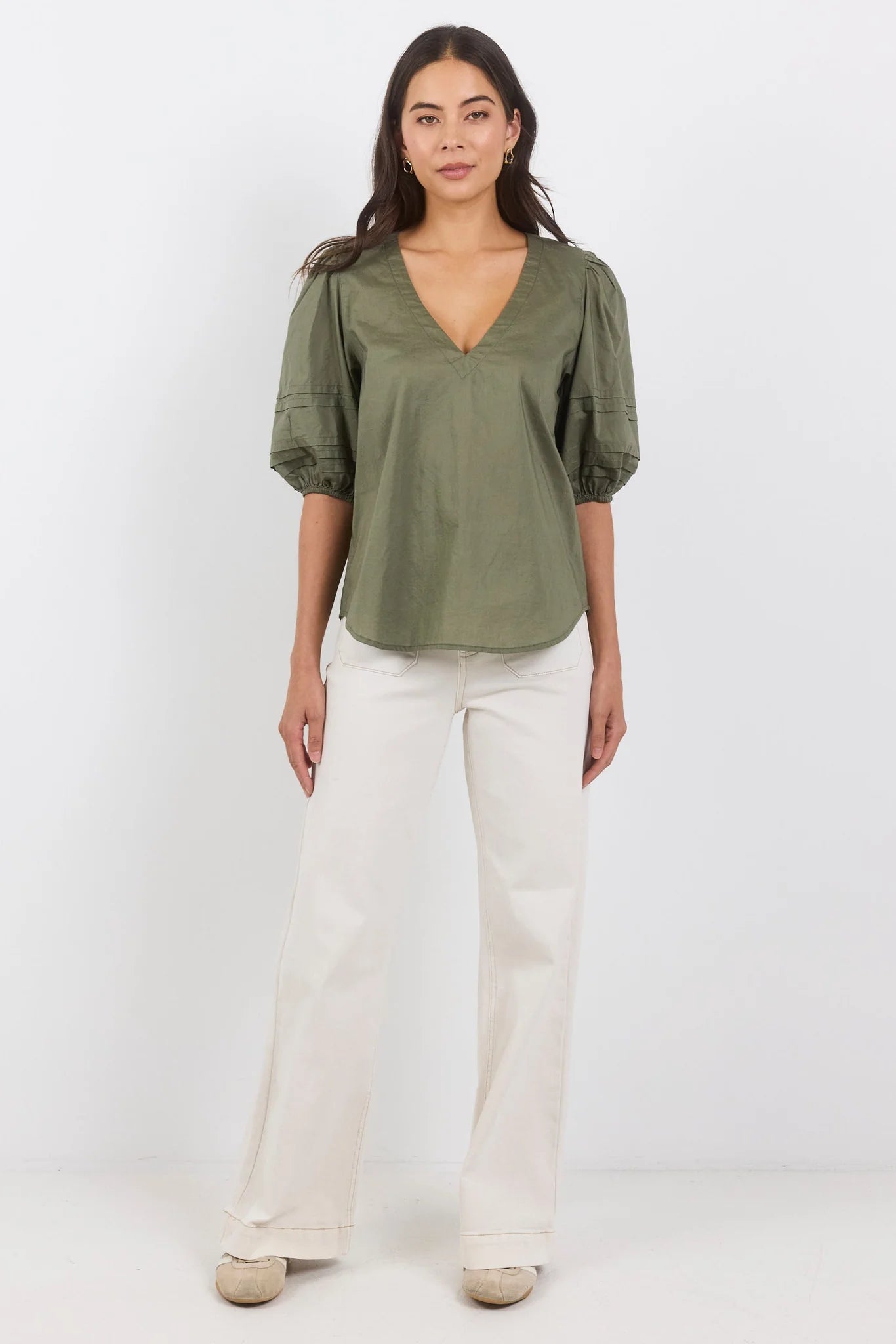 Sage Pleat Short Sleeve Top
