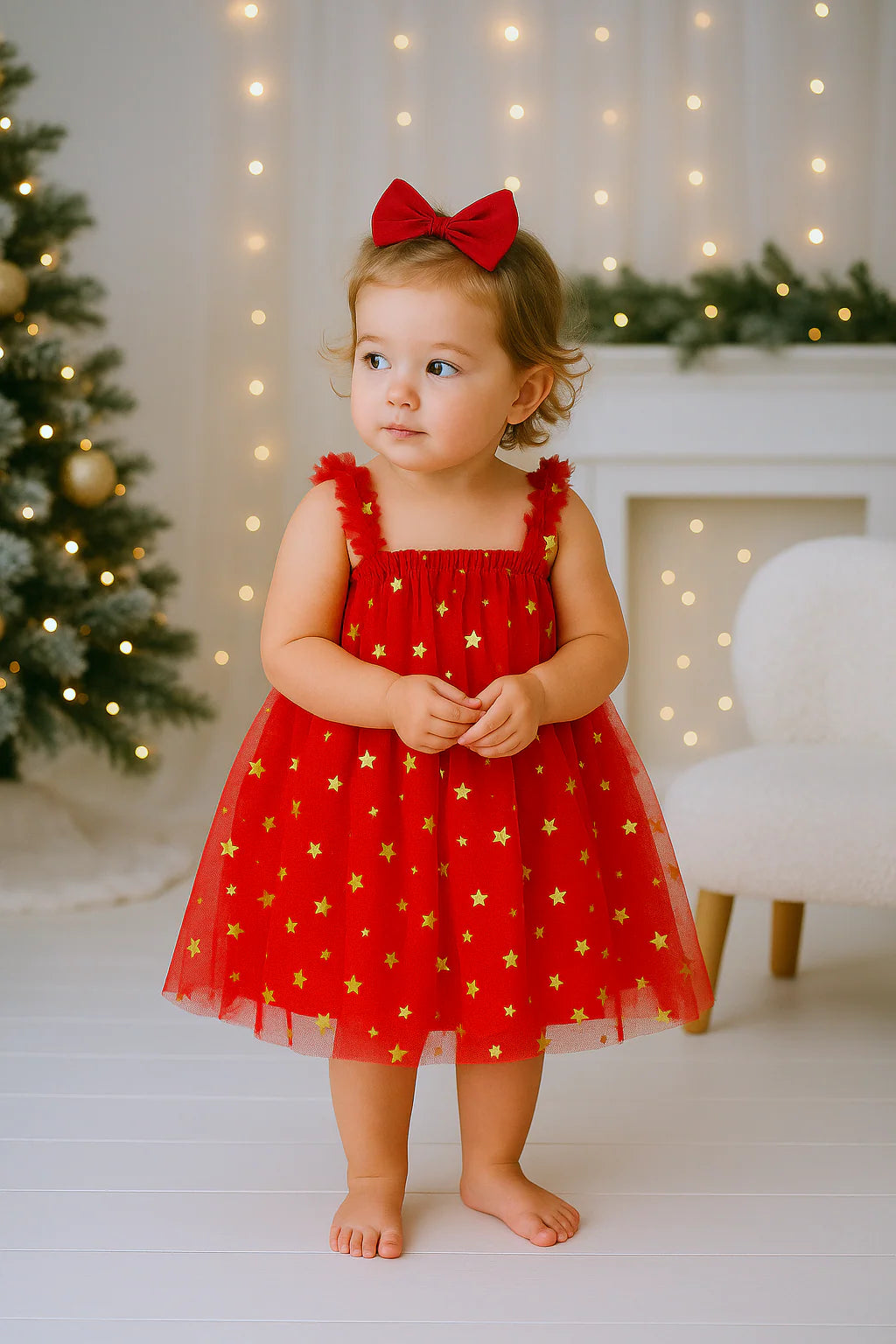 Classic Christmas Red Star Tulle Dress