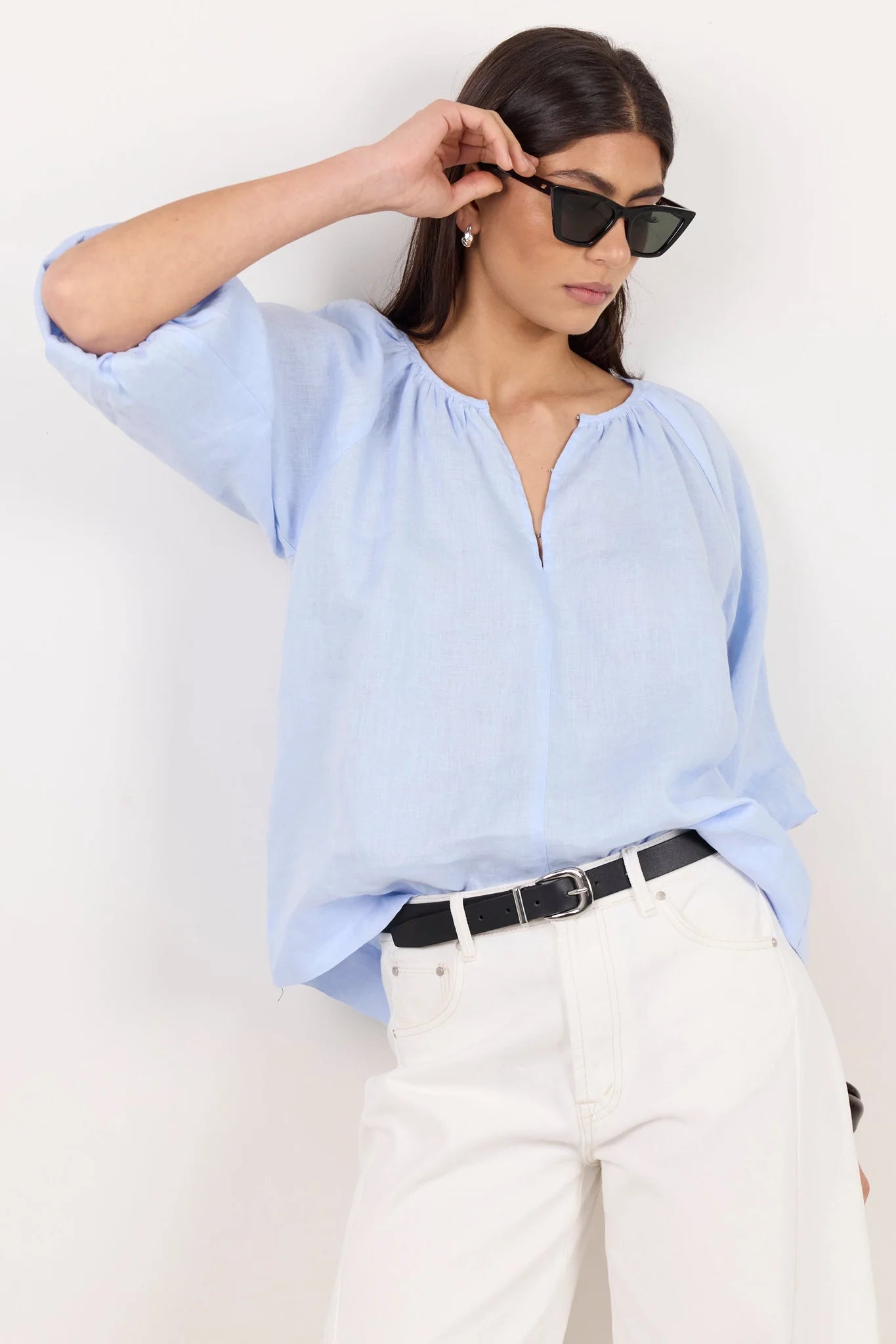 Revolutionary Ice Blue Linen Relaxed LS Top