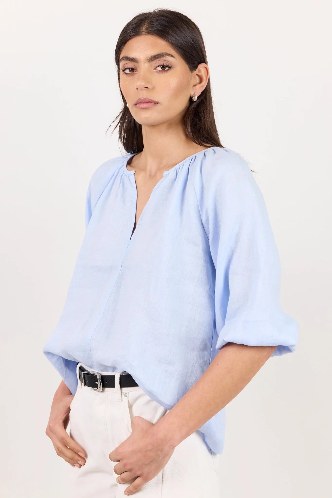 Revolutionary Ice Blue Linen Relaxed LS Top