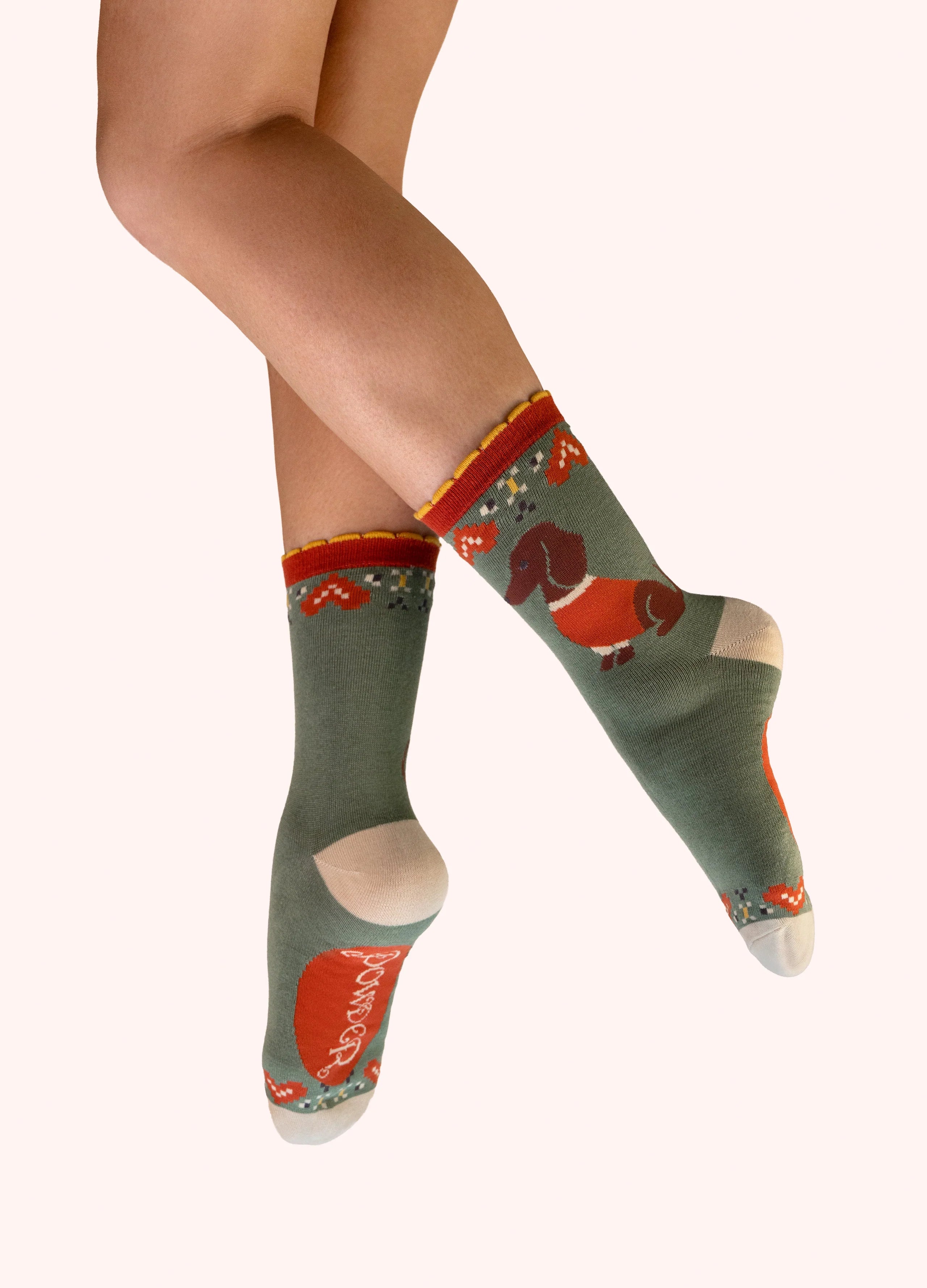 Powder sausage dog olive socks
