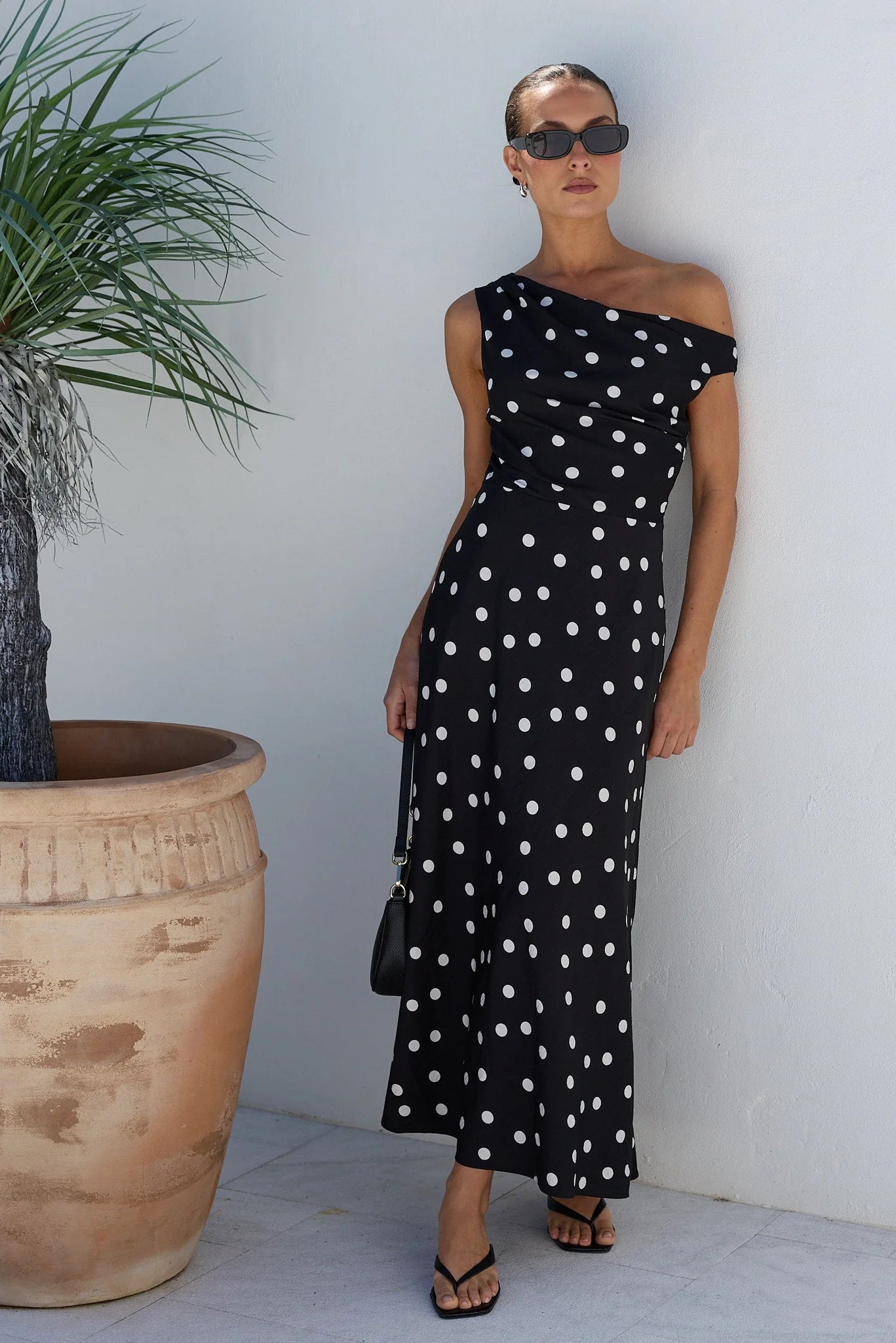 Spotlight Black Polka Dot Off Shoulder Flare Maxi Dress