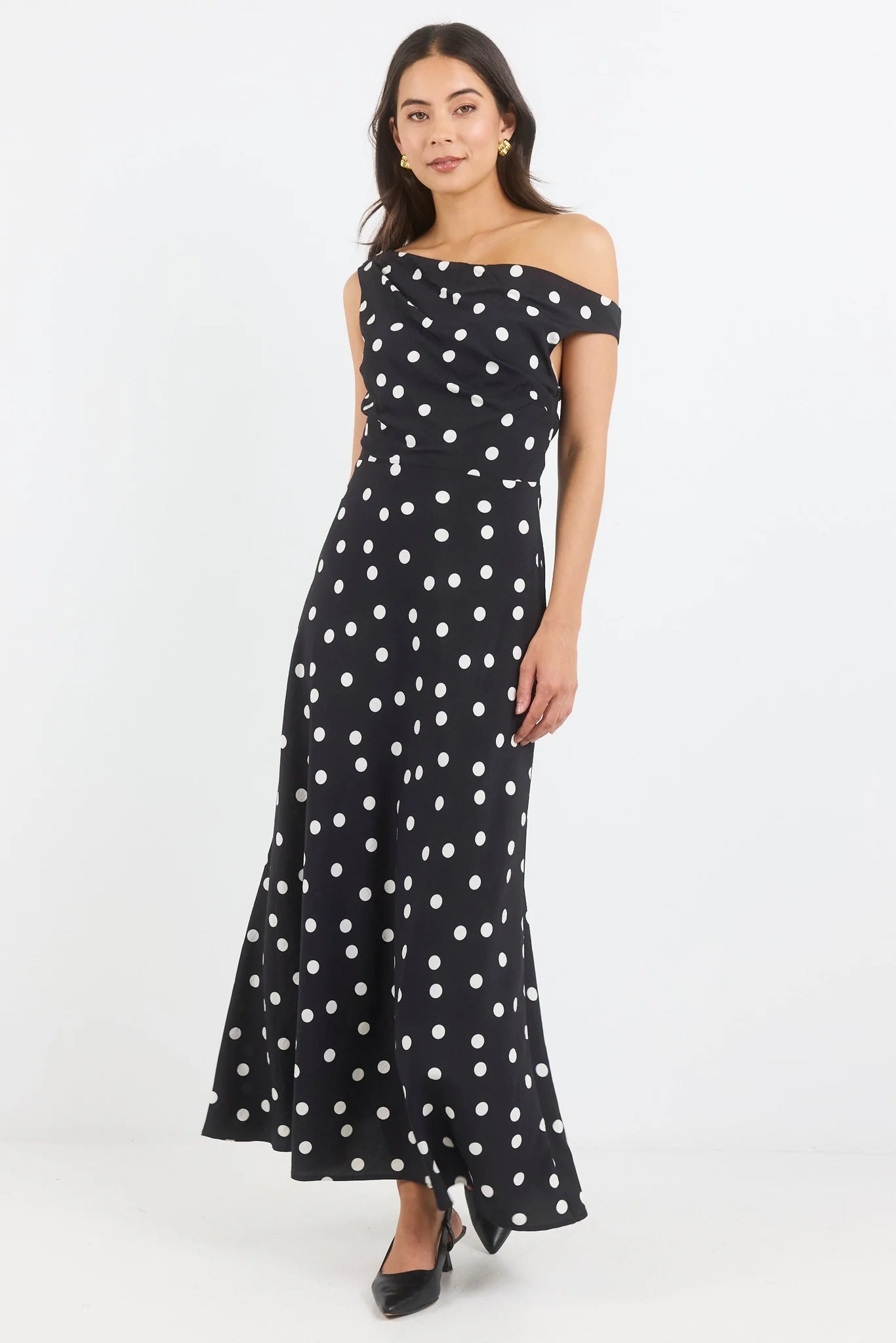 Spotlight Black Polka Dot Off Shoulder Flare Maxi Dress