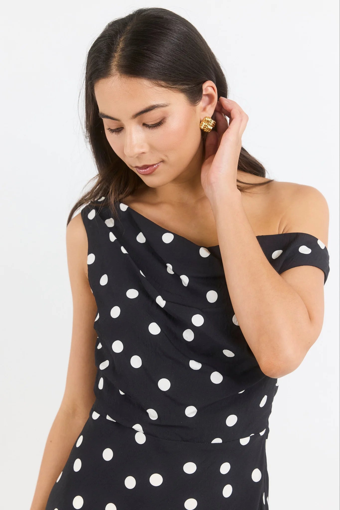 Spotlight Black Polka Dot Off Shoulder Flare Maxi Dress