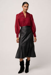 Once Was Gillian Cotton Silk Smocked Shirt in Ruby