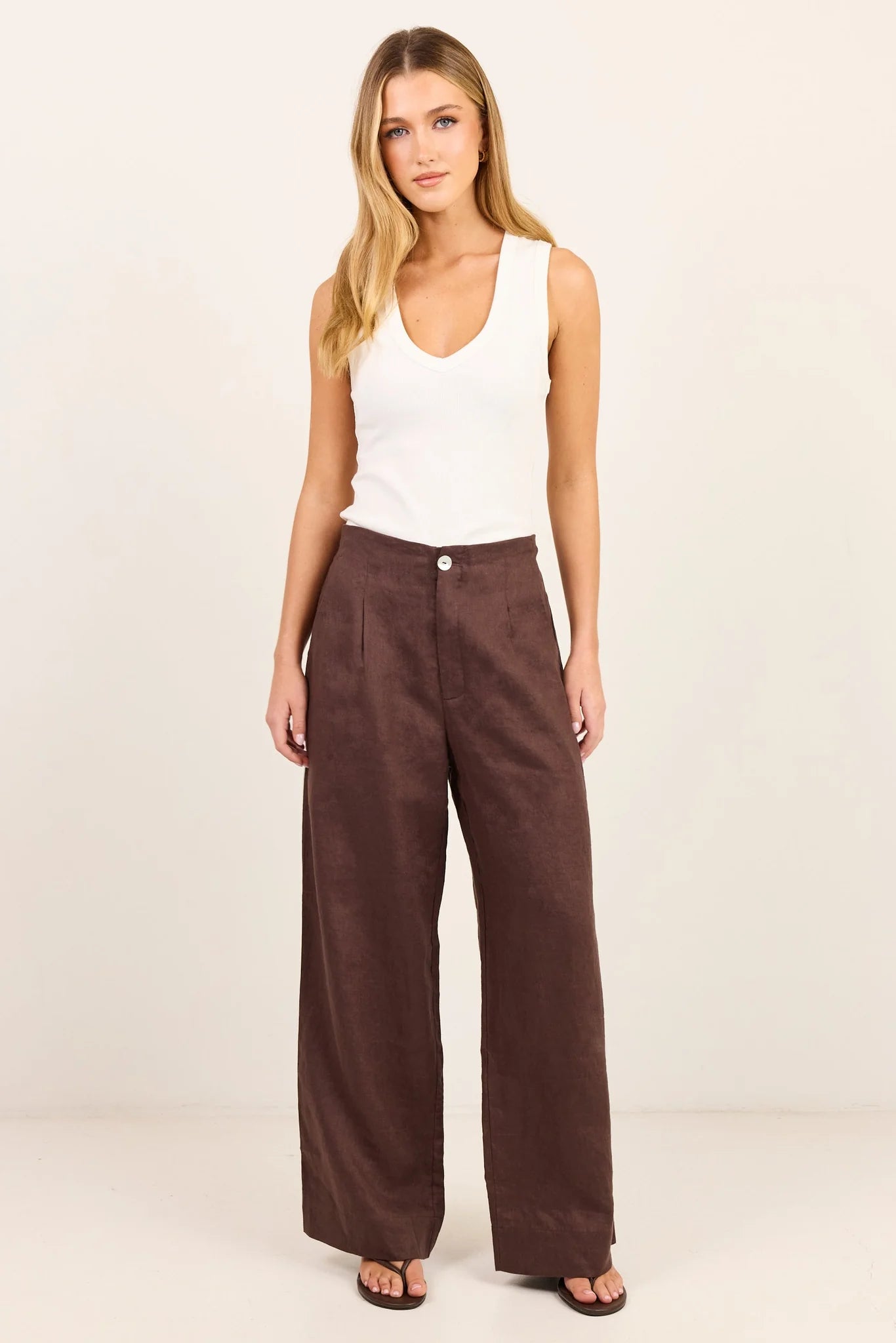 Curator Dark Chocolate Linen Pleat Front Wide Leg Pants