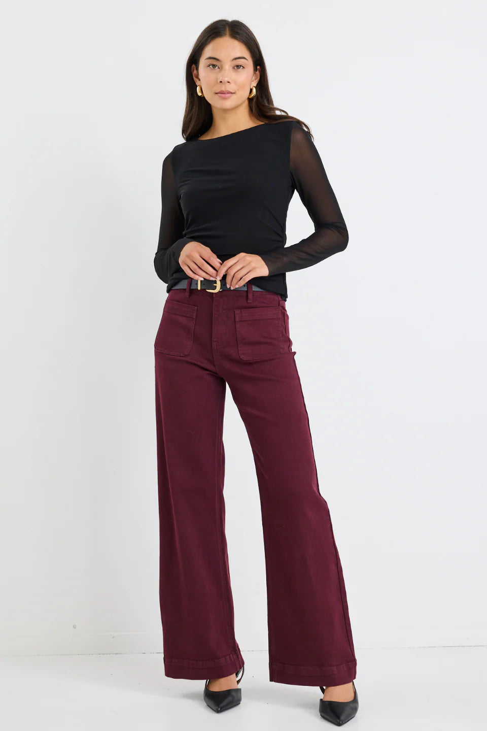 Zoey Burgundy High Rise Wide Leg Pocket Jean