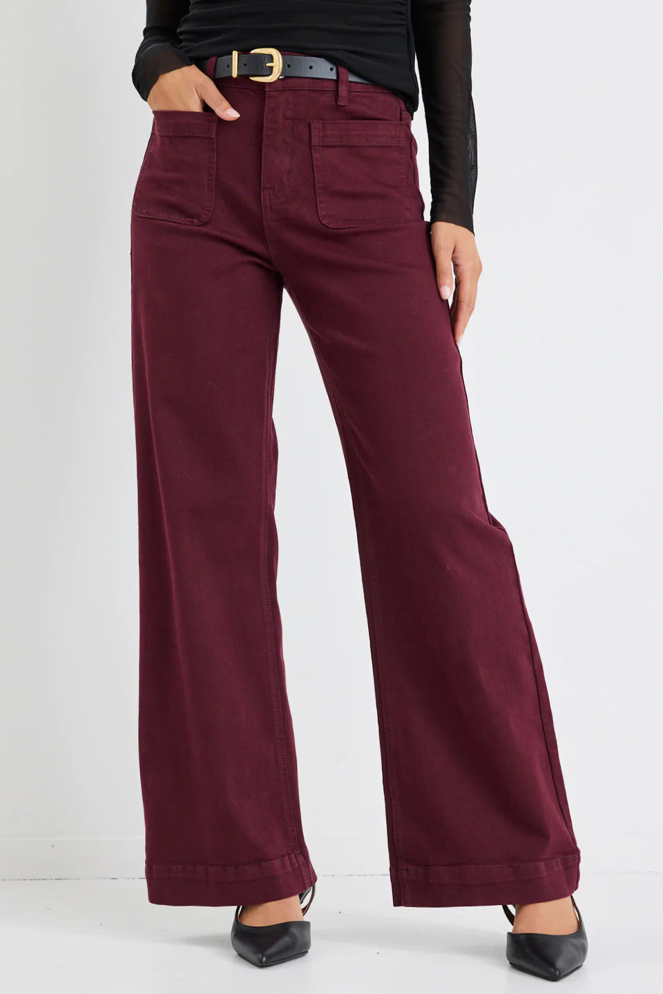 Zoey Burgundy High Rise Wide Leg Pocket Jean