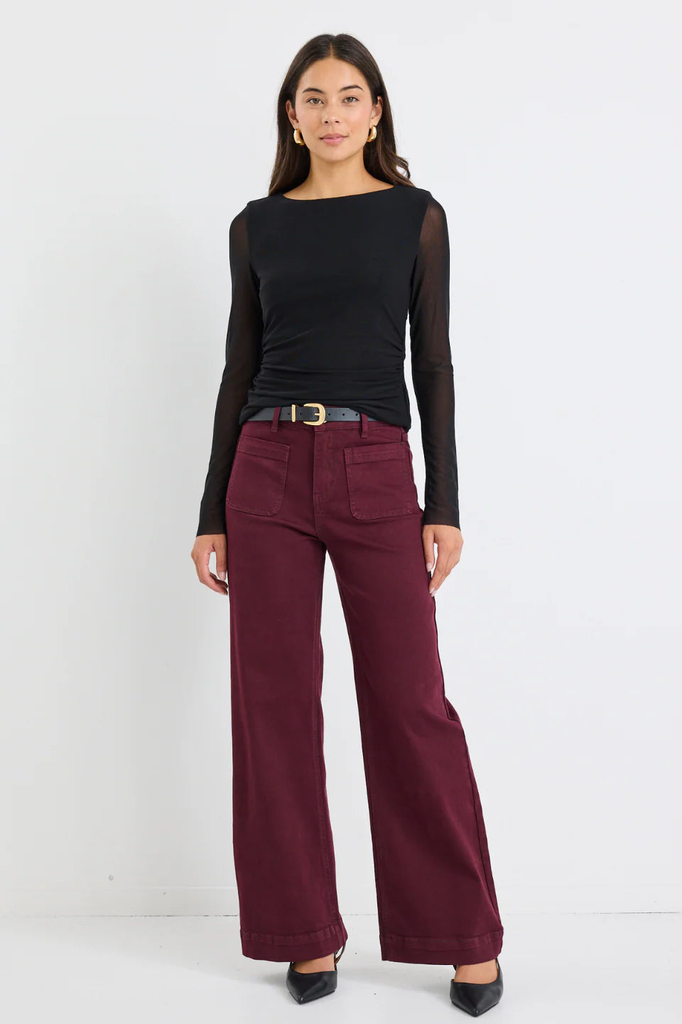 Zoey Burgundy High Rise Wide Leg Pocket Jean