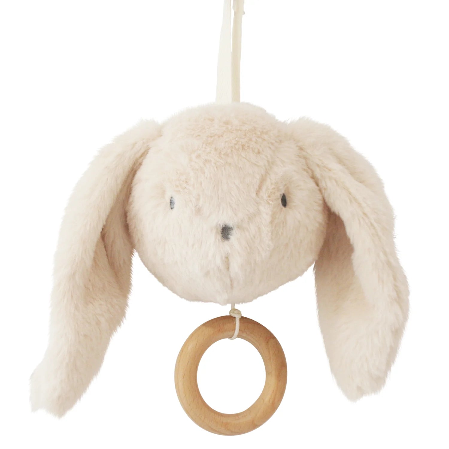 Alimrose Darcey Bunny Musical toy in ivory with floppy ears and wooden ring pull.