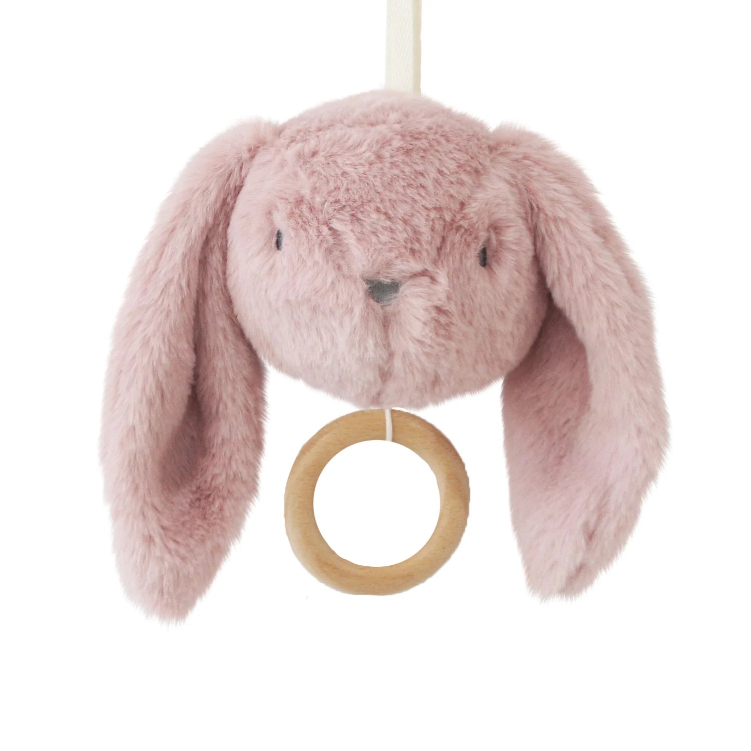 Alimrose Darcey Bunny Musical toy in petal pink with floppy ears and wooden ring pull.
