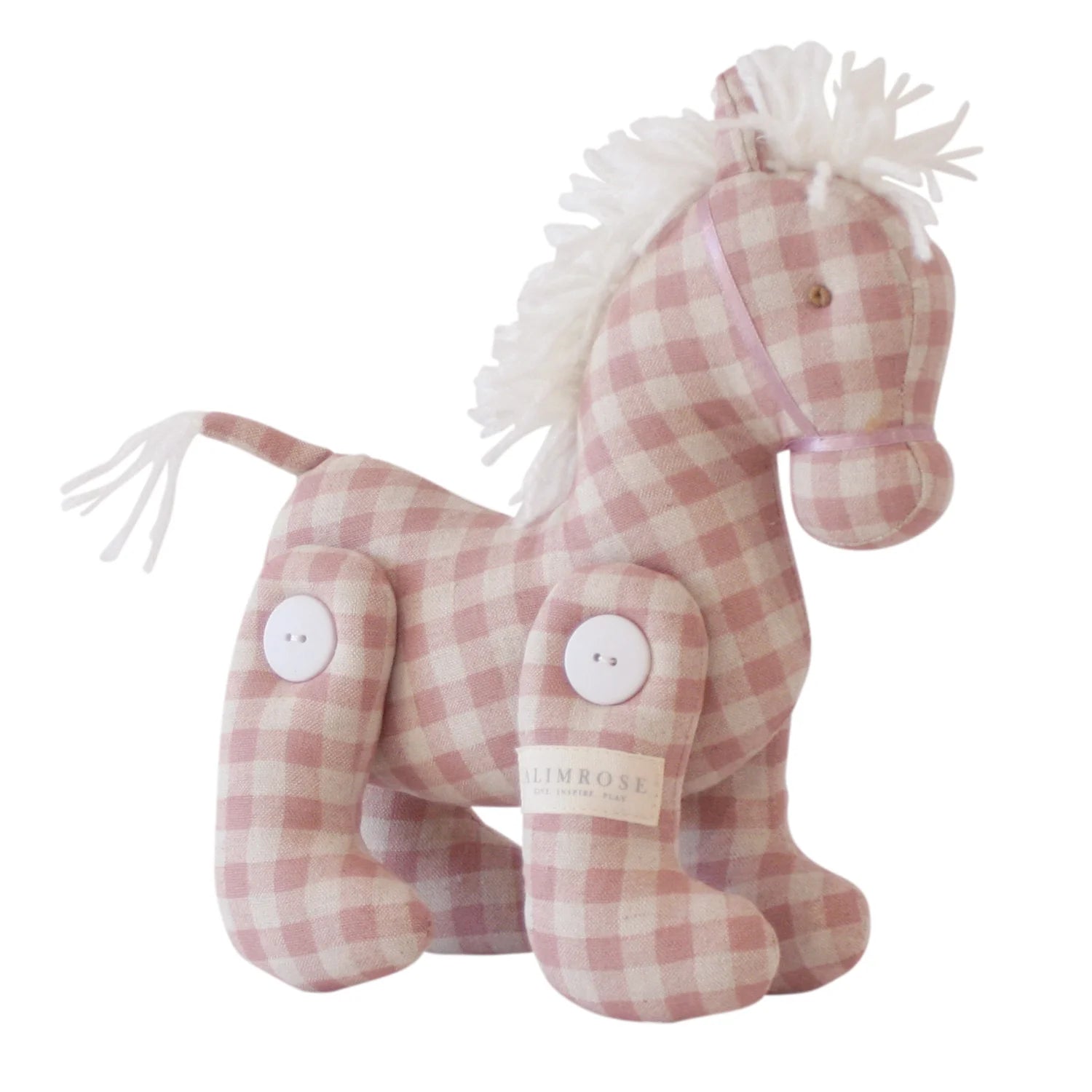 Alimrose Jointed Pony 22cm in rose check fabric with white mane, tail, and button-jointed legs.