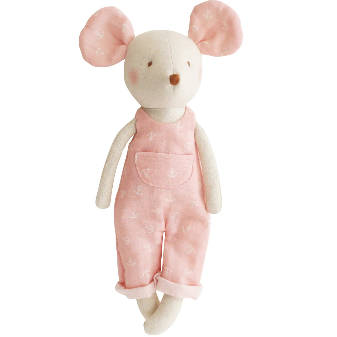 Alimrose Mabel Mouse 28cm soft toy wearing pink overalls with white anchor print.