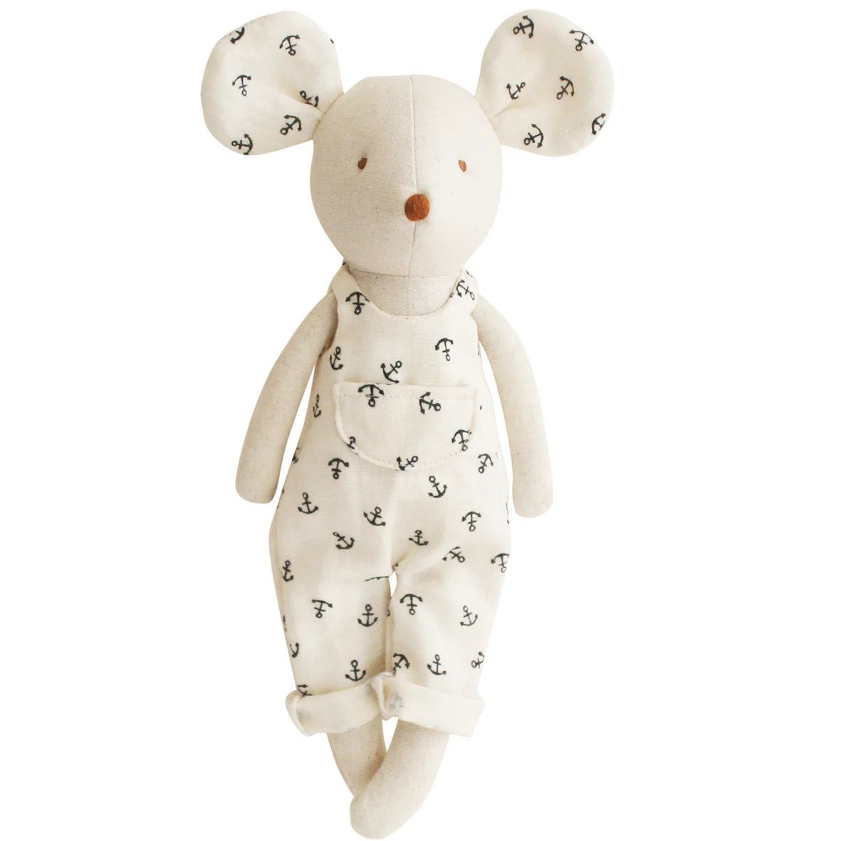 Alimrose Max Mouse 28cm soft toy wearing white overalls with navy anchor print.