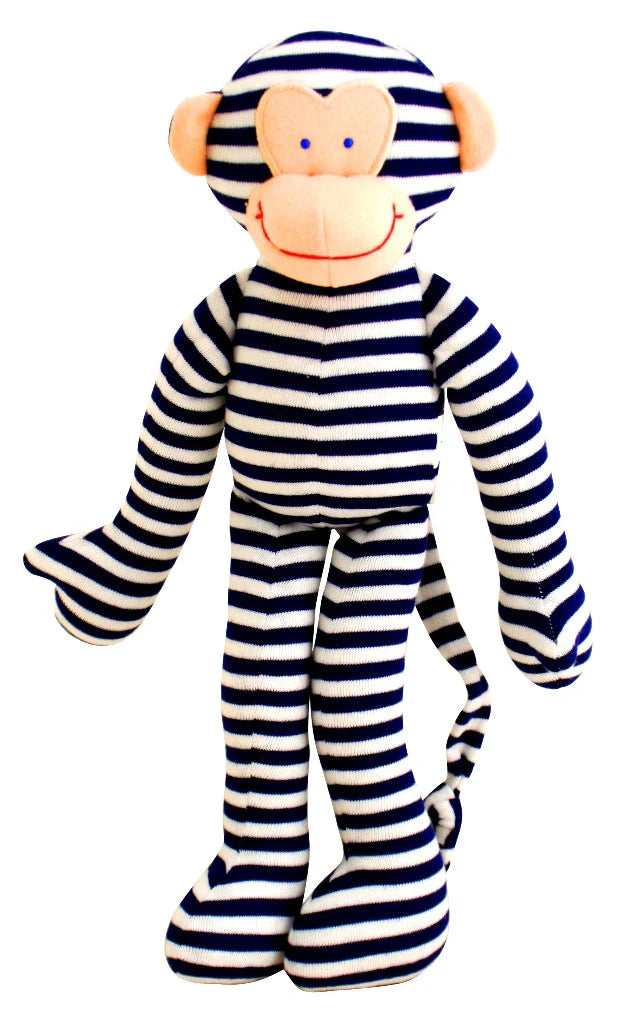 Alimrose Monkey Rattle 30cm in navy and white stripes with beige face, ears, and long arms, legs, and tail.