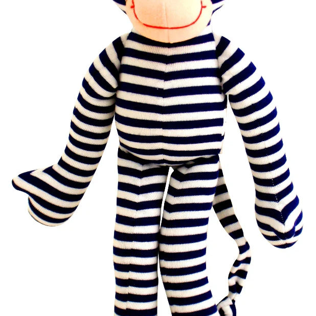 Alimrose Monkey Rattle 30cm in navy and white stripes with beige face, ears, and long arms, legs, and tail.
