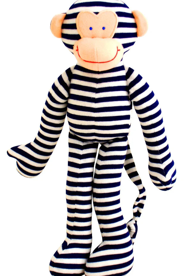 Alimrose Monkey Rattle 30cm in navy and white stripes with beige face, ears, and long arms, legs, and tail.