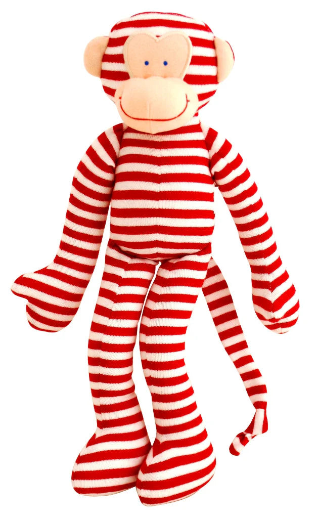 Alimrose Monkey Rattle 30cm in red and white stripes with beige face, ears, and long arms, legs, and tail.