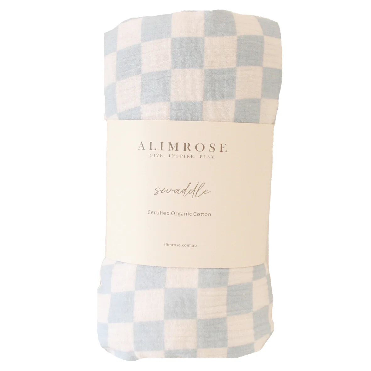 Alimrose muslin swaddle in soft blue and white check pattern, made from certified organic cotton.