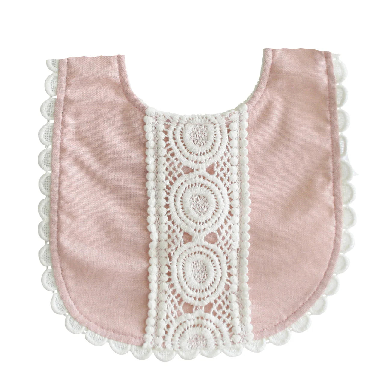 Alimrose Olivia Bib in pink linen with central white lace detail and scalloped trim.