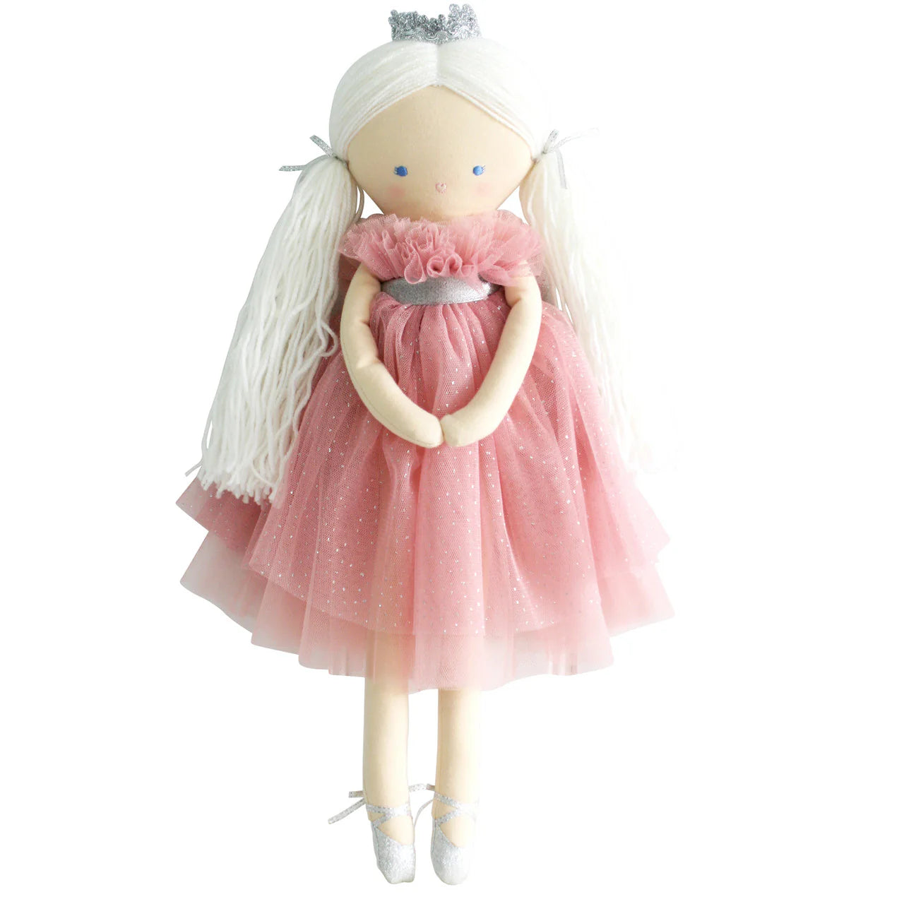 Alimrose Penelope Princess doll 50cm with long white hair, sparkle blush tulle dress, and silver shoes shown on white background.