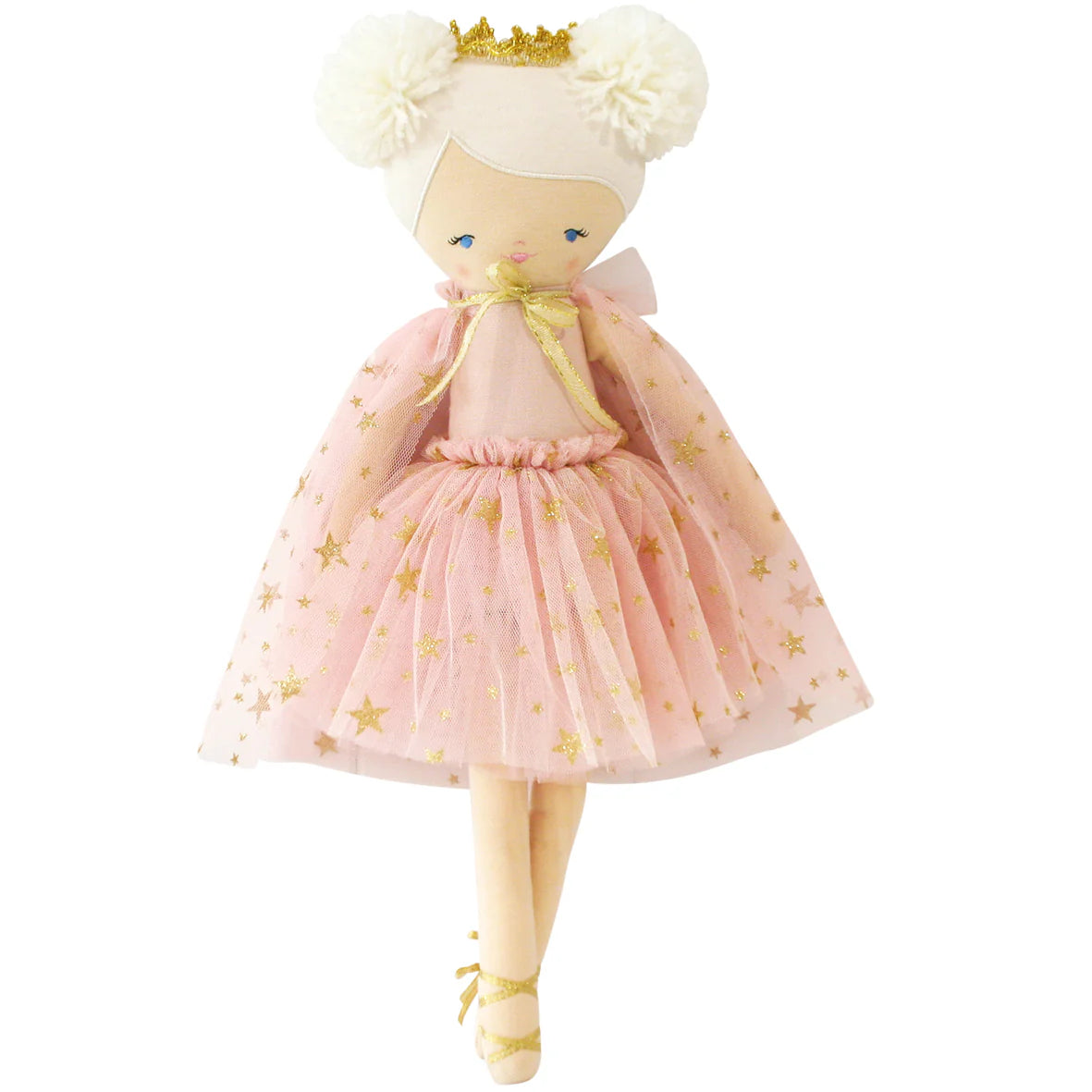 Alimrose Poppy Princess doll 48cm with blonde hair, blush dress with gold star tulle skirt, cape, and gold crown.