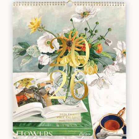 Bespoke Letterpress 2026 Family Wall Calendar featuring hand-painted flower artwork by Dominika Keller, gold foil detail, and wire binding.