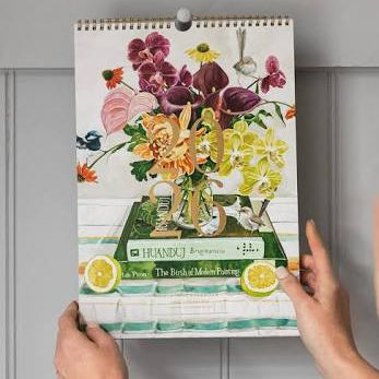 Bespoke Letterpress 2026 Wall Calendar with hand-painted floral artwork, gold foil details, and wire binding.