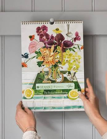 Bespoke Letterpress 2026 Wall Calendar with hand-painted floral artwork, gold foil details, and wire binding.