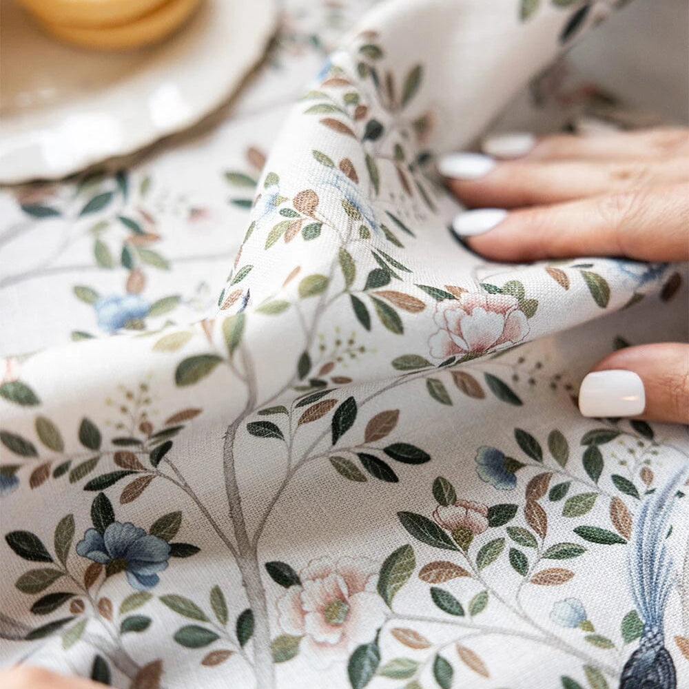 Close-up of Bespoke Letterpress Camellia Tree Linen Tea Towel showing detailed floral print