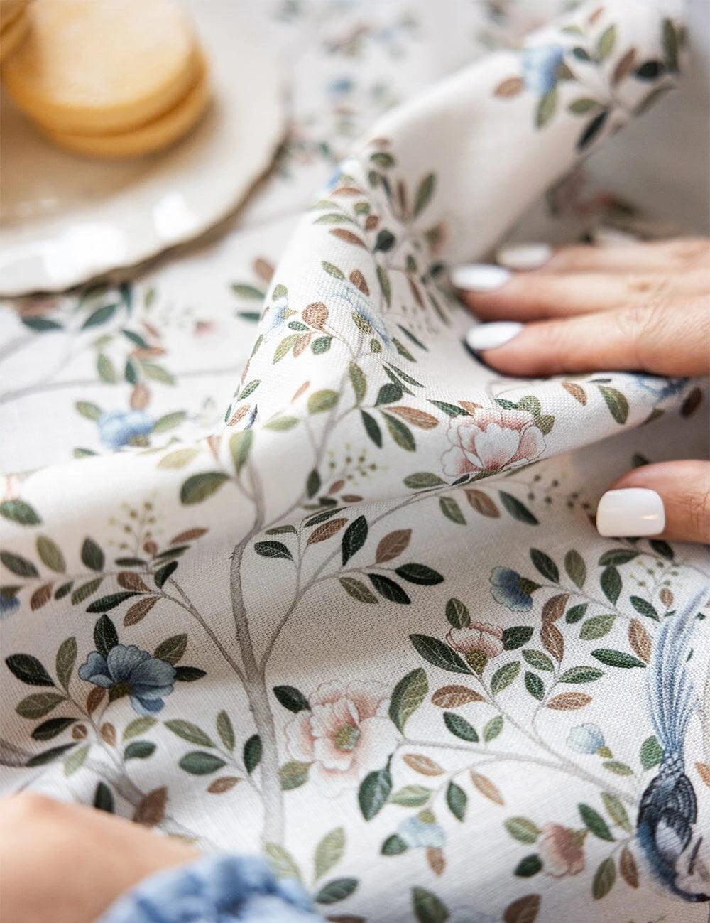 Close-up of Bespoke Letterpress Camellia Tree Linen Tea Towel showing detailed floral print