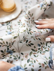 Close-up of Bespoke Letterpress Camellia Tree Linen Tea Towel showing detailed floral print