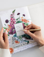Inside page of Bespoke Letterpress Poppies & Foxglove Workbook with personalisation label