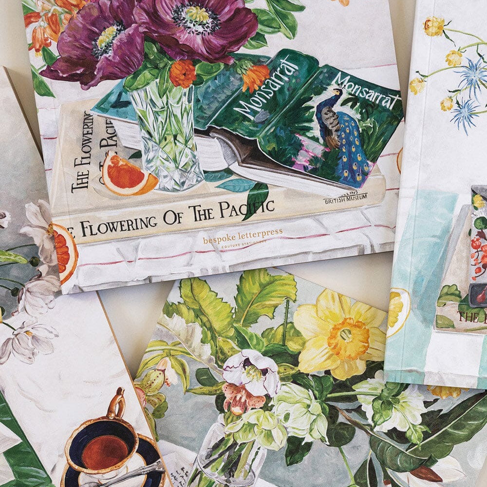 Stack of Bespoke Letterpress Poppies & Foxglove Workbooks with detailed floral illustrations