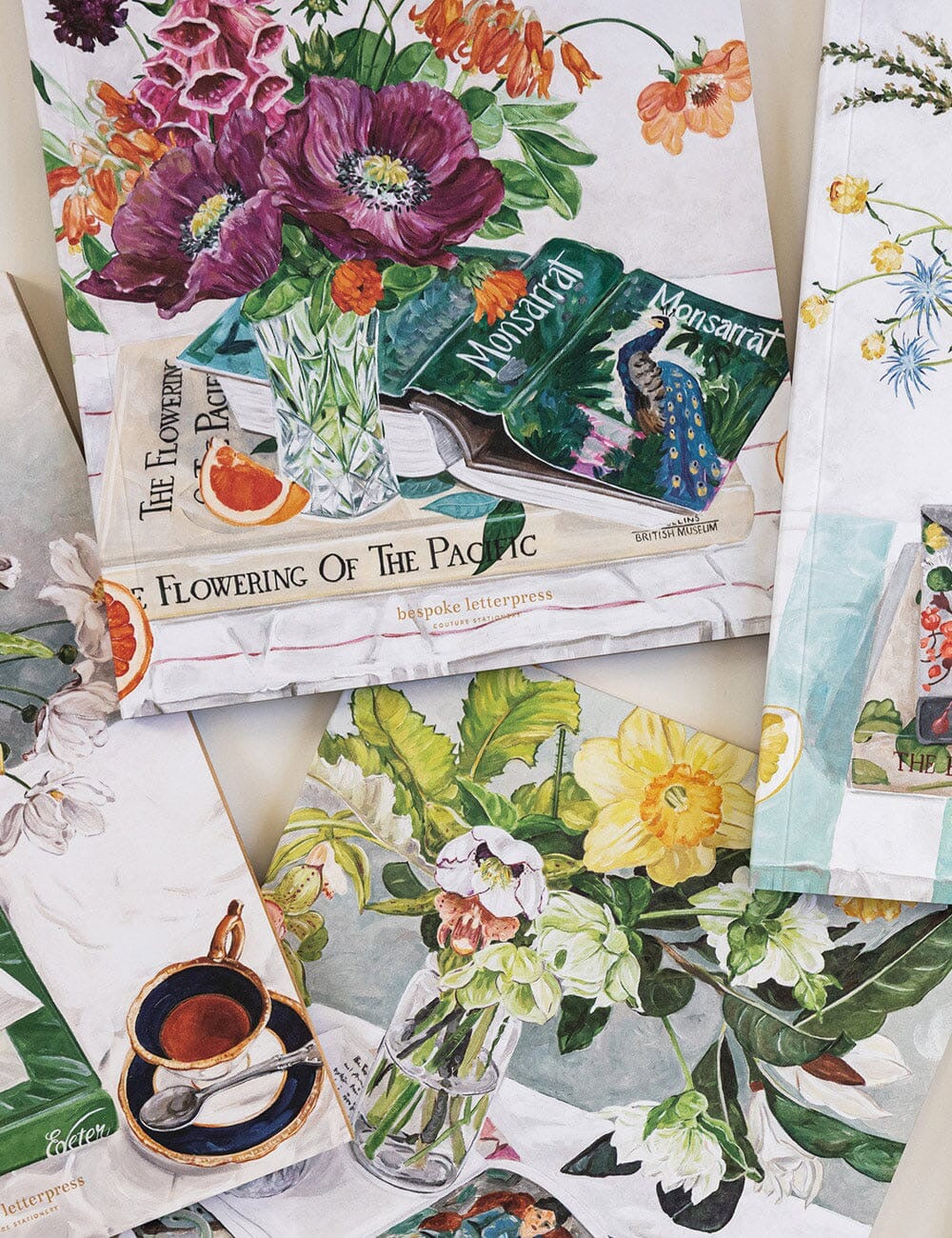 Stack of Bespoke Letterpress Poppies & Foxglove Workbooks with detailed floral illustrations