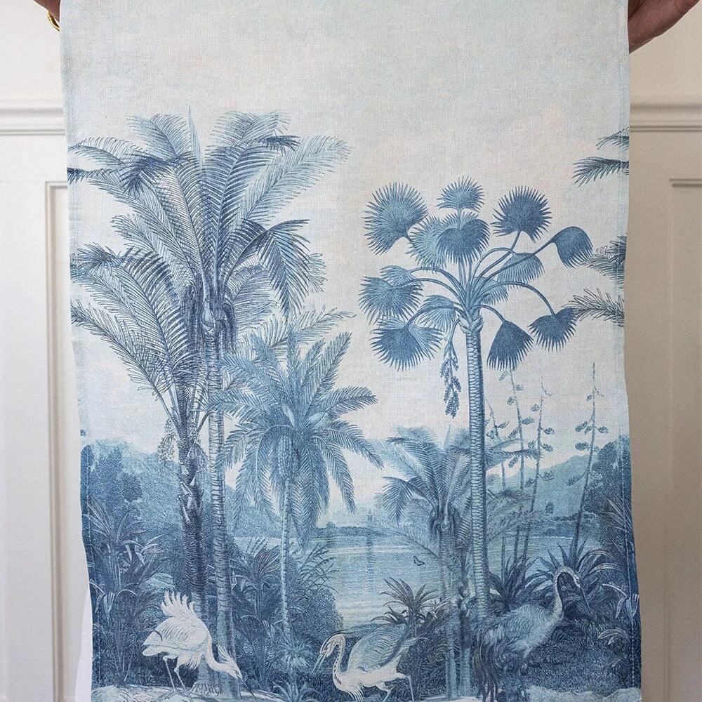 Bespoke Letterpress Subcontinent Linen Tea Towel featuring tropical palm trees and white heron print