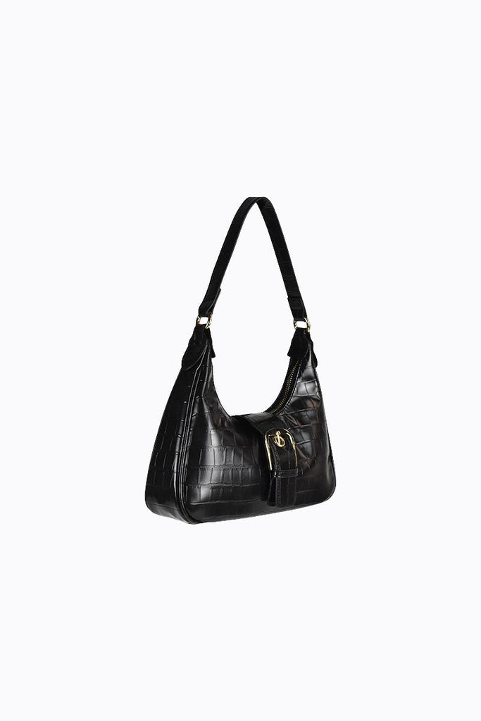 Millie Scoop Shoulder Bag with Buckle - Black Croc Gold