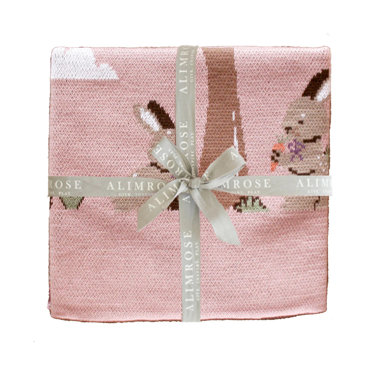 Alimrose Bunnies Day Out Baby Blanket in petal pink with bunny design, neatly folded and tied with branded ribbon.