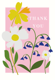 Caroline Gardner thank you card design with colorful flowers and “Thank You” text on a pink background.