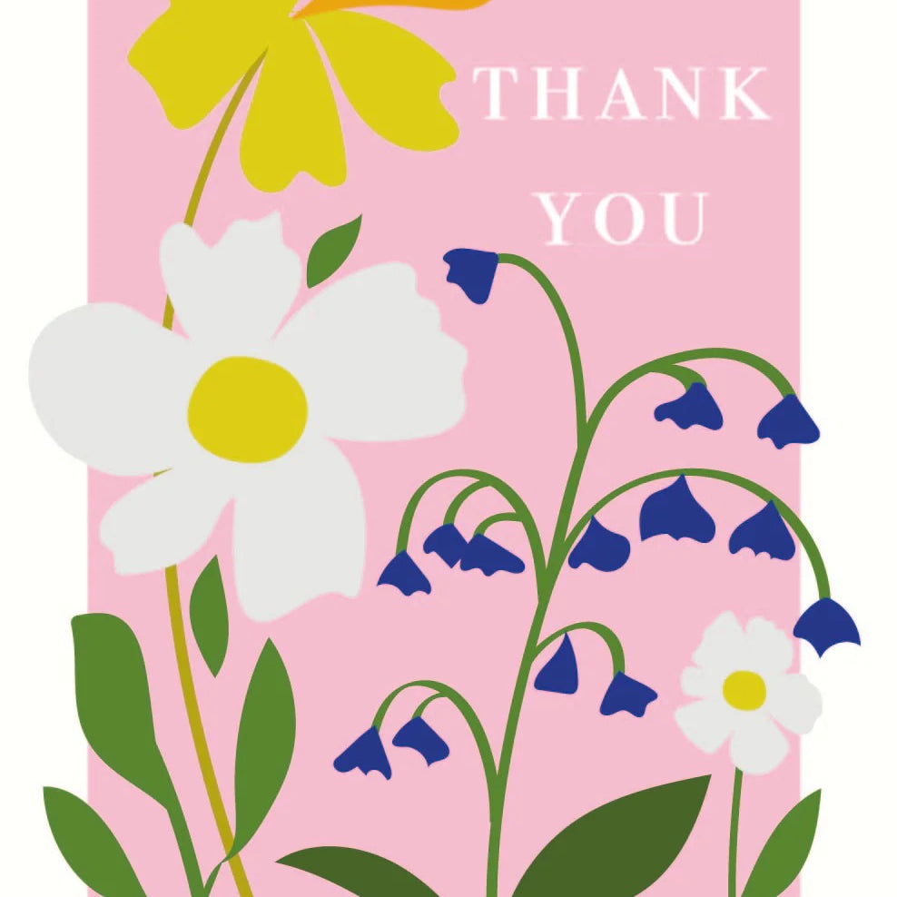 Caroline Gardner thank you card design with colorful flowers and “Thank You” text on a pink background.
