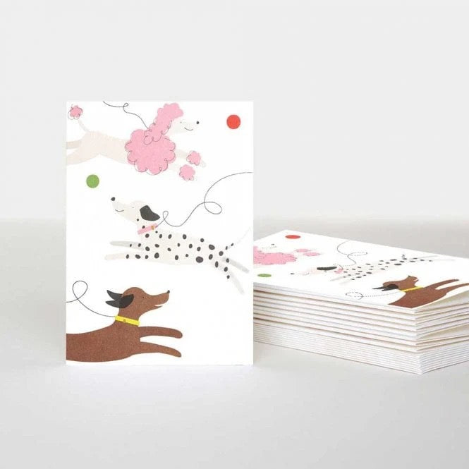 Caroline Gardner notecards pack of 10 featuring playful leaping dog illustrations with colorful balls.
