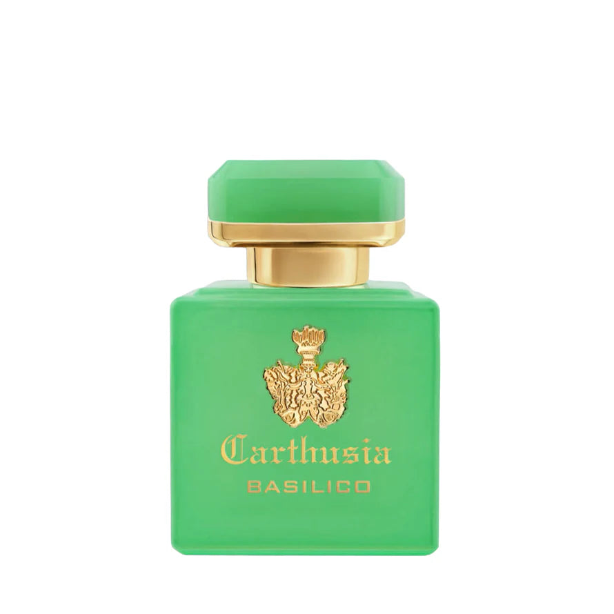 Carthusia Intenso di Basilico perfume bottle in vibrant green with gold cap and logo on a white background.