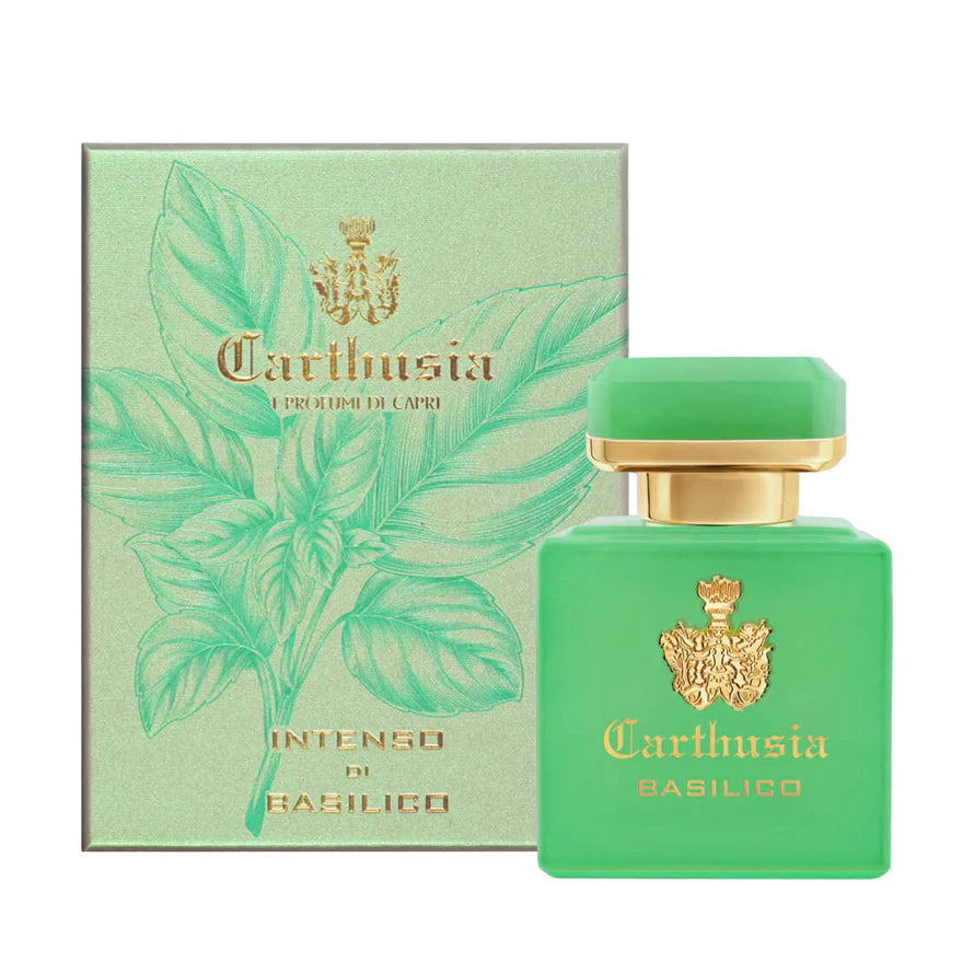 Carthusia Intenso di Basilico perfume bottle with matching green illustrated box featuring basil leaf design.