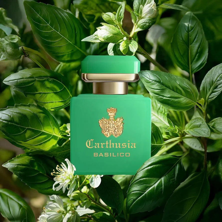 Carthusia Intenso di Basilico perfume bottle displayed among fresh green basil leaves and white blossoms.