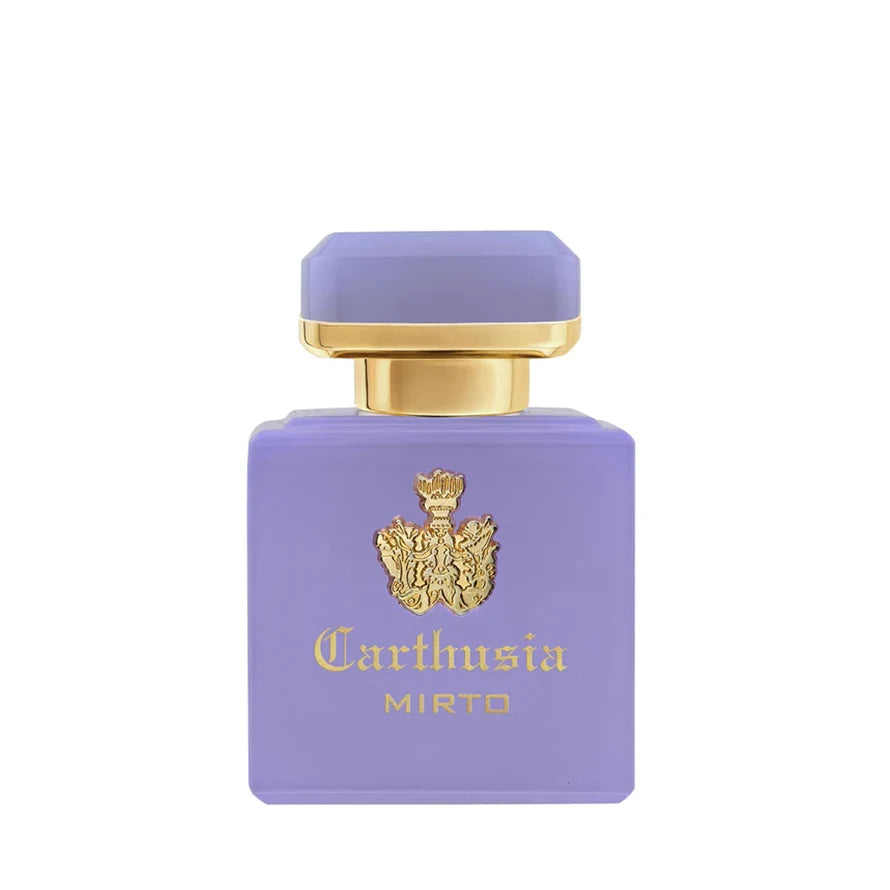 Carthusia Intenso di Mirto Eau de Parfum luxury fragrance bottle in purple with gold details
